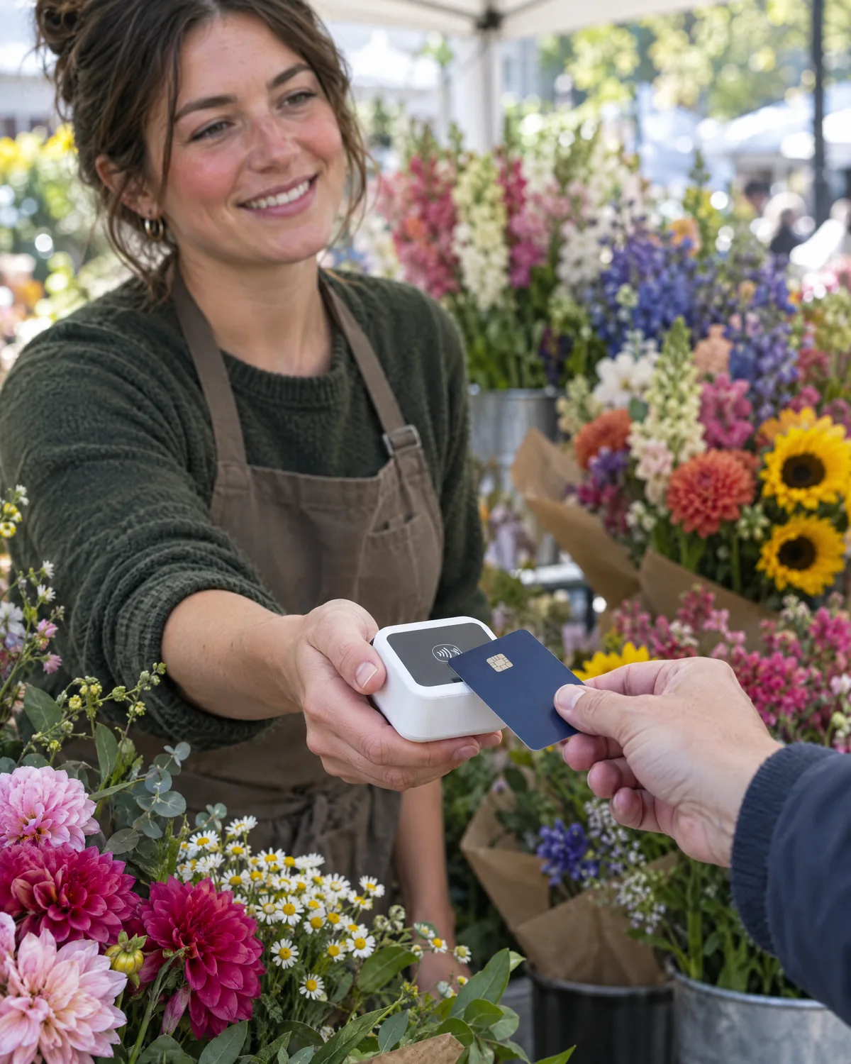 A florist taking a card payment from a customer