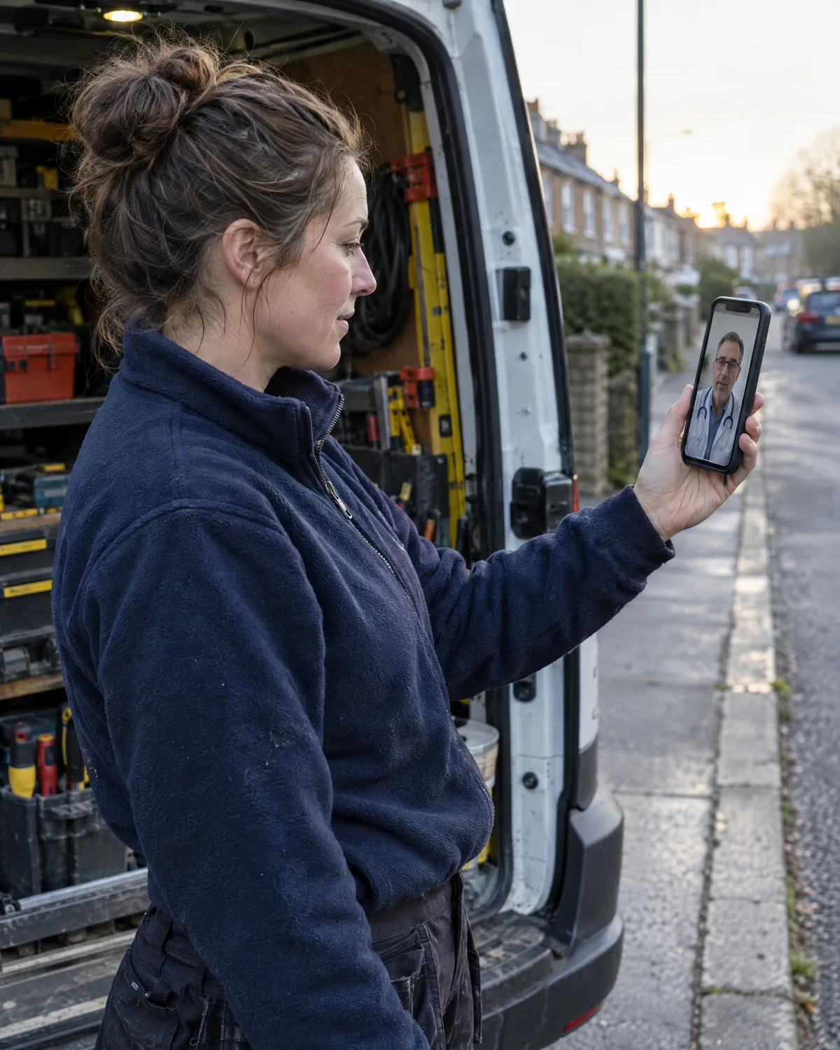 A tradeswoman beside her van on a video call with a GP