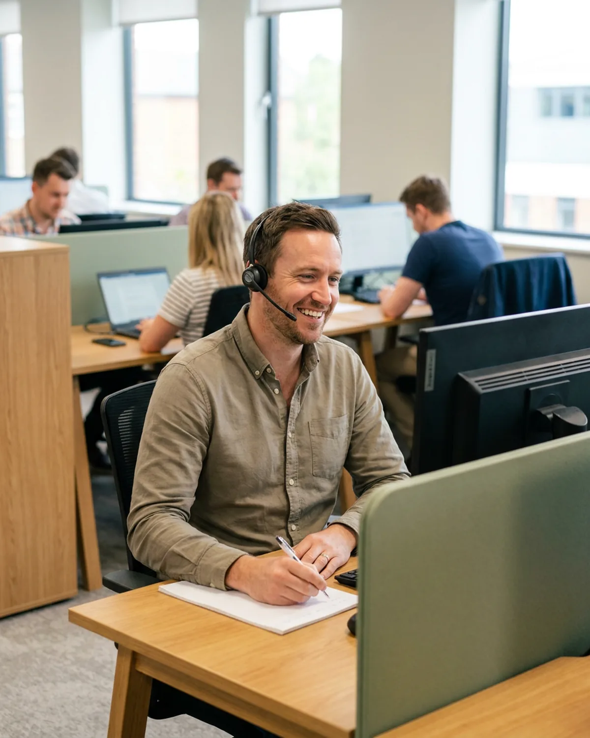A legal helpline adviser in a headset smiling as he takes a call