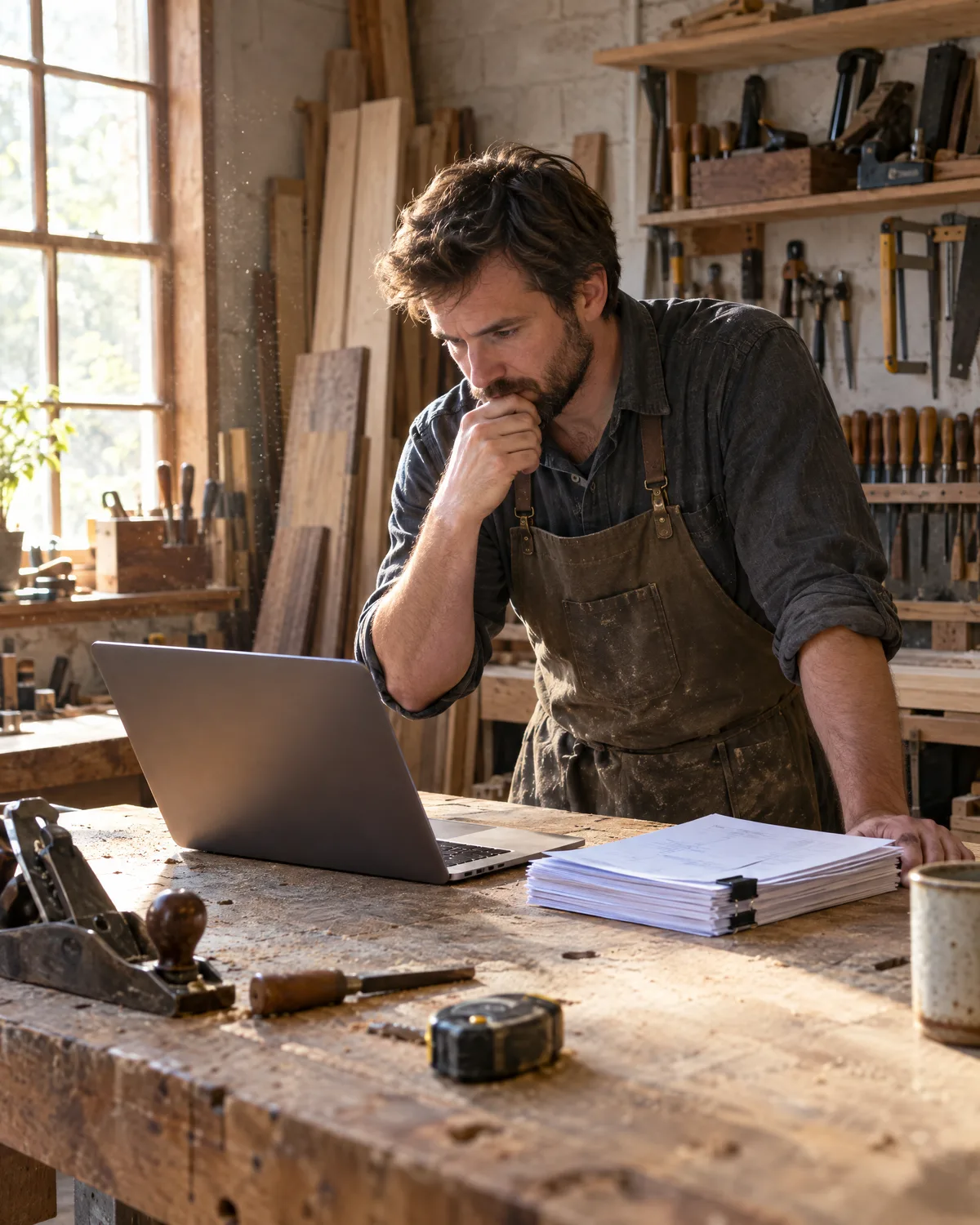 A furniture maker checking paperwork at his workbench