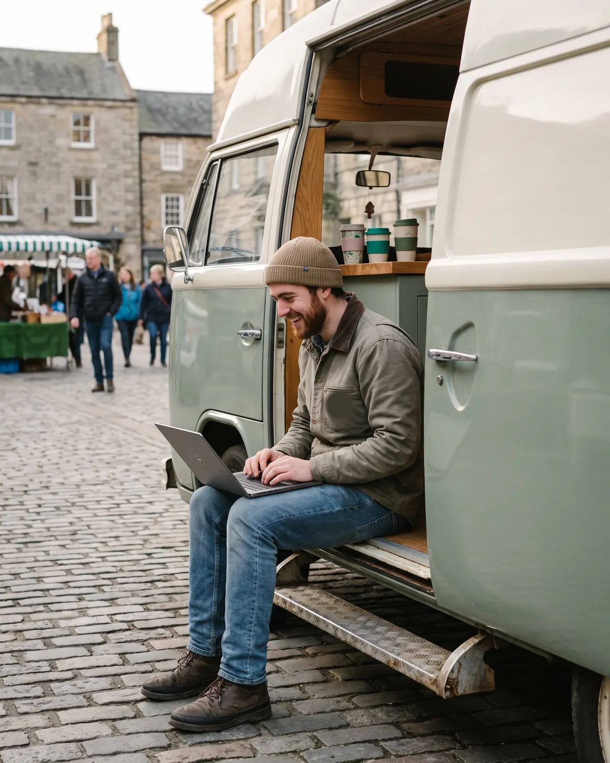 A coffee van owner working on a laptop on the step of his van