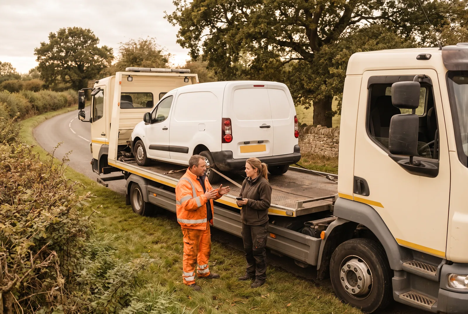 A recovery driver talking with a van owner beside a tow truck