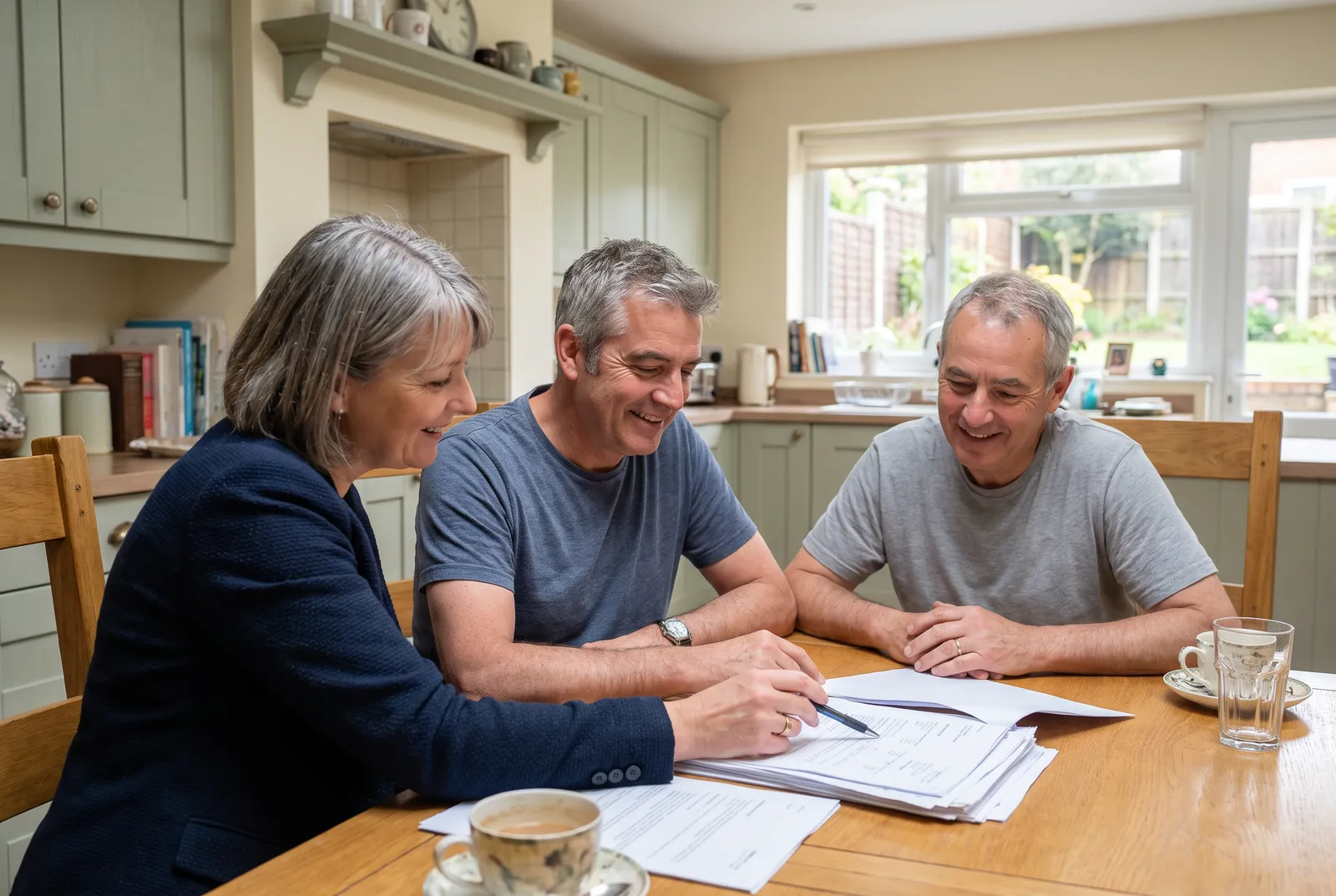 A couple going through documents at home with an adviser