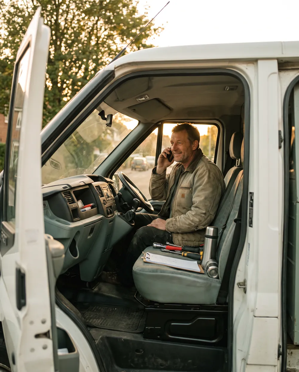A tradesman in his van cab, smiling on a phone call