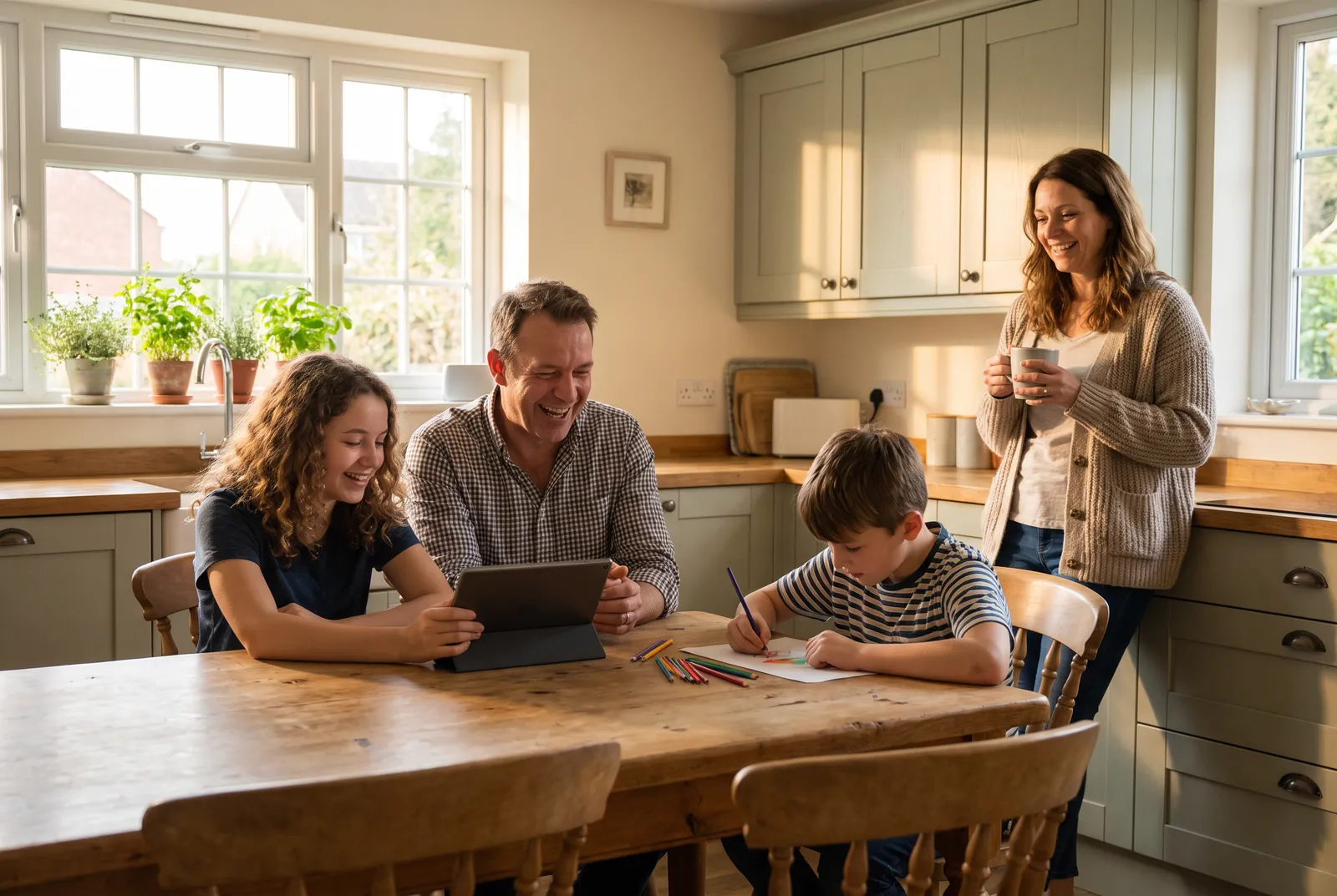 A family relaxing together in their kitchen