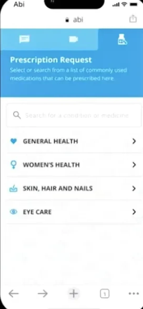 The app's prescription request screen, listing health categories