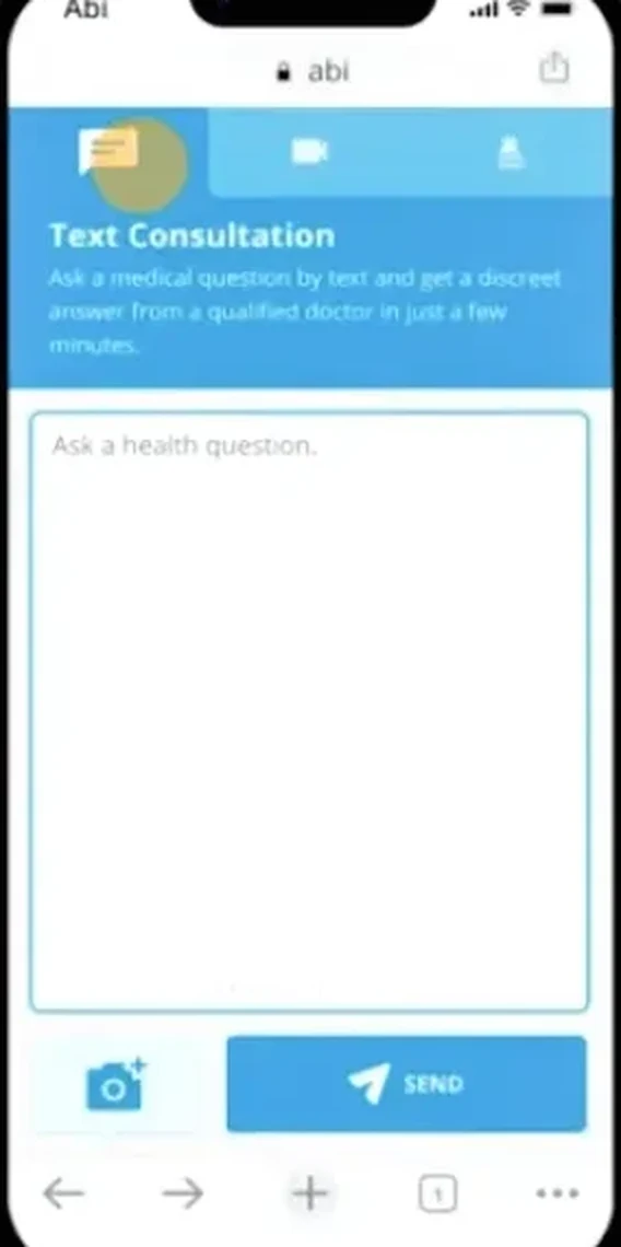 The app's text consultation screen, with a box to type a health question
