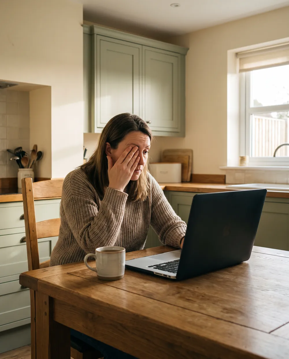 A woman taking an online eye test on her laptop at home