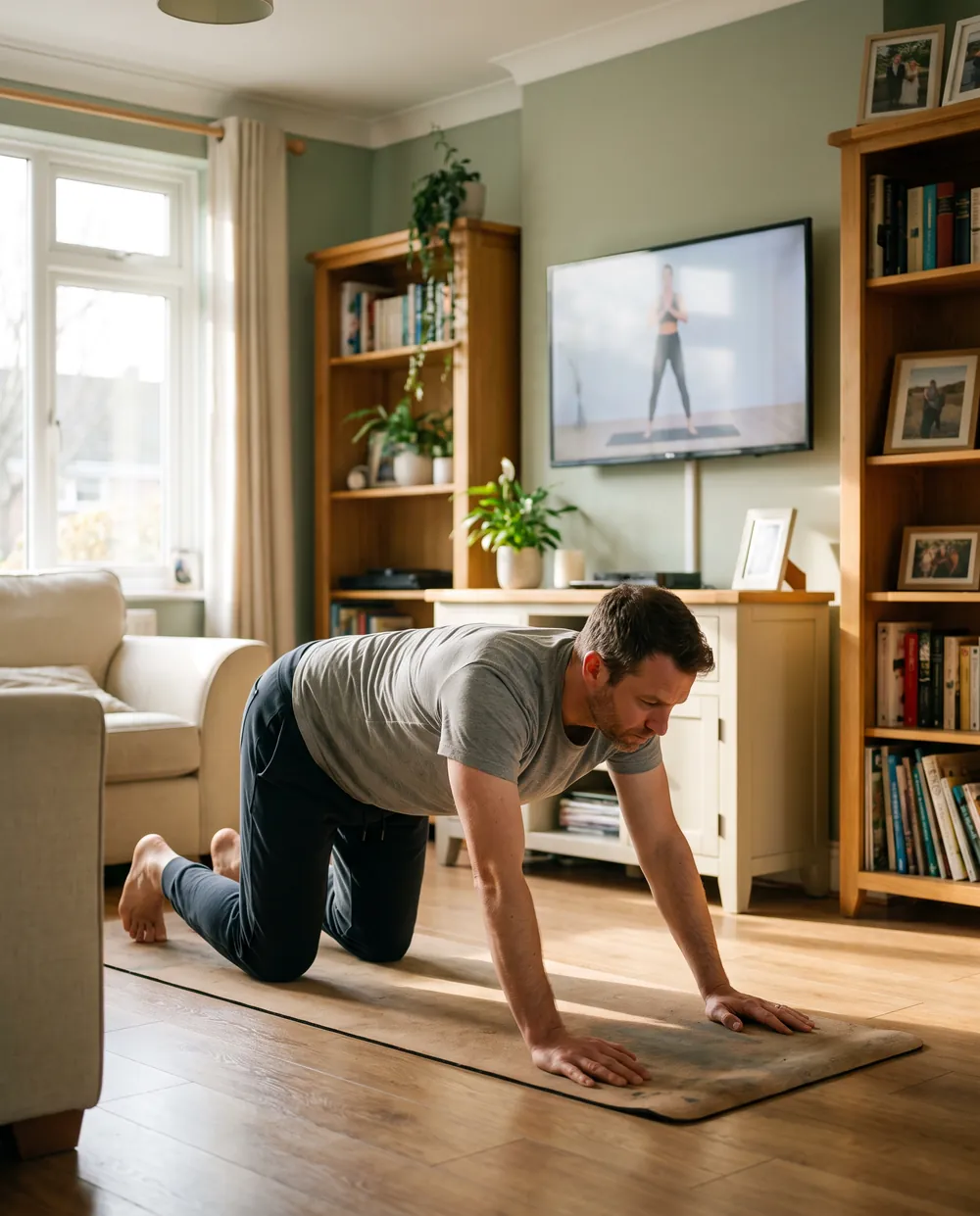 A man following an online fitness class in his living room