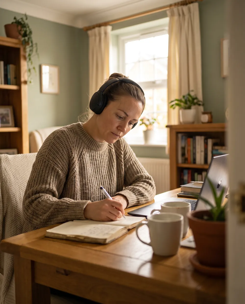 A woman taking notes during a wellbeing webinar