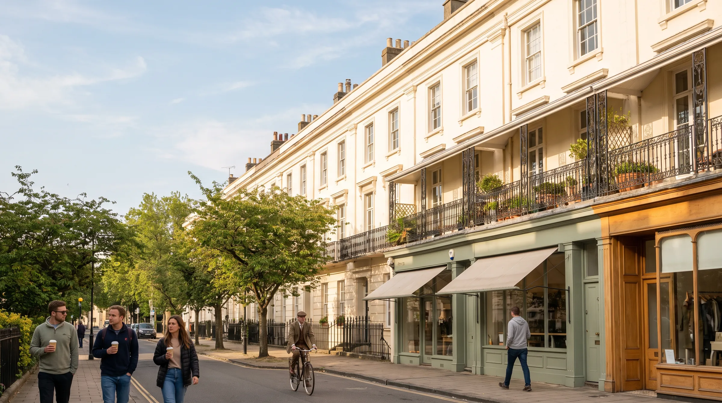 A terrace of cream Regency town houses with iron balconies above shop fronts on a tree-lined street