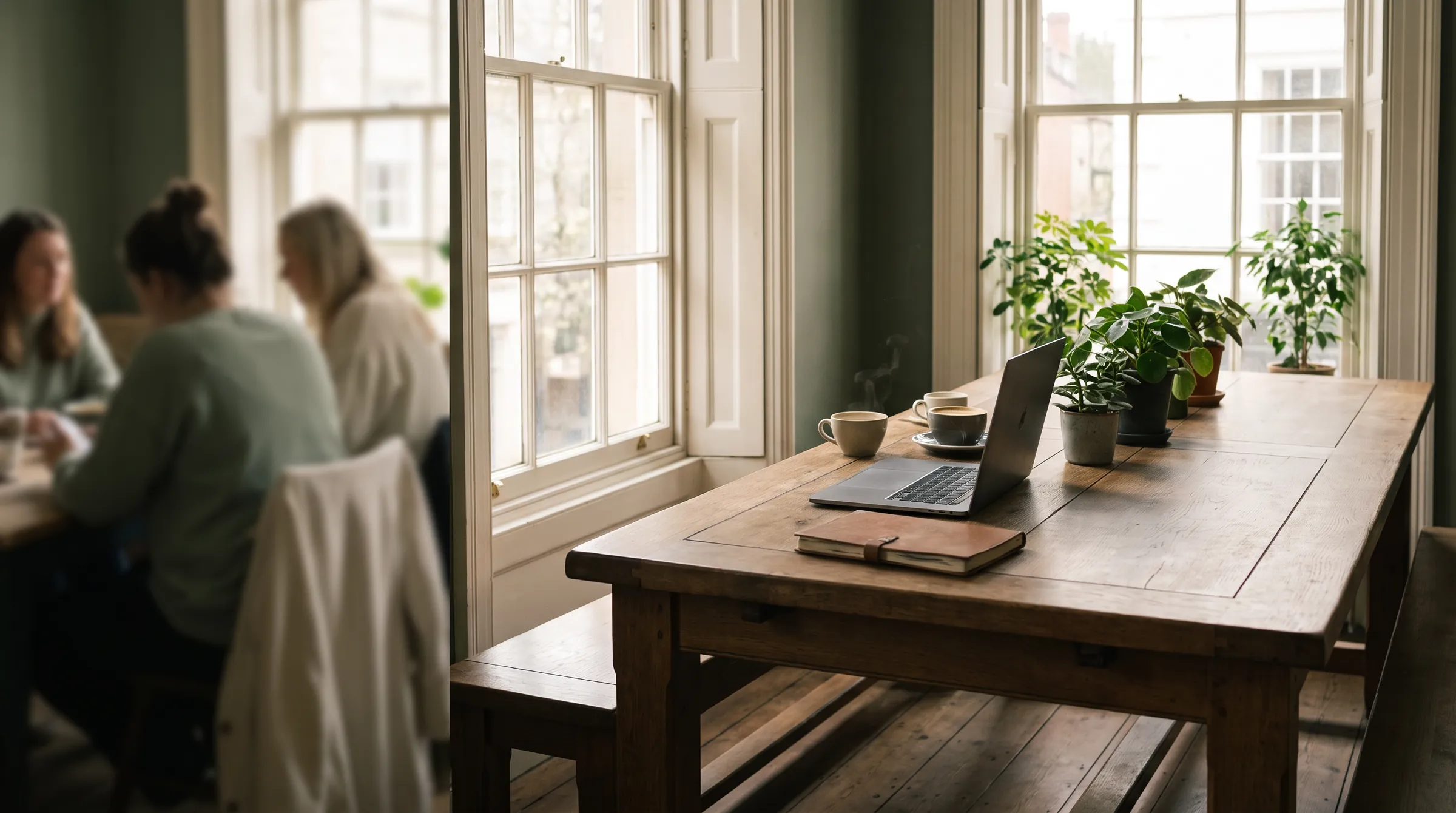 A large oak table by tall sash windows, set with a laptop, a notebook and two cups of coffee