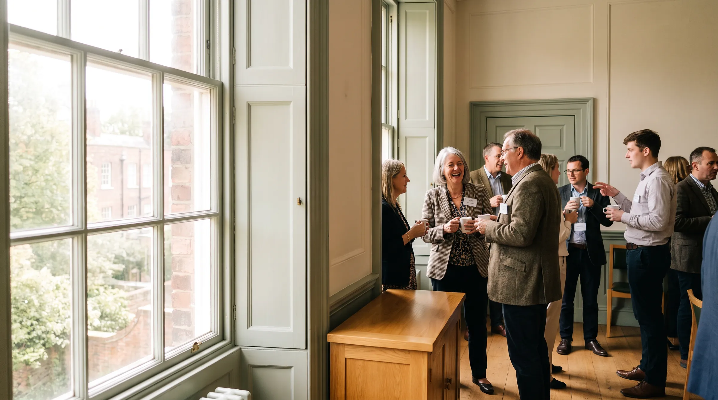 Business owners talking over coffee at a morning networking event