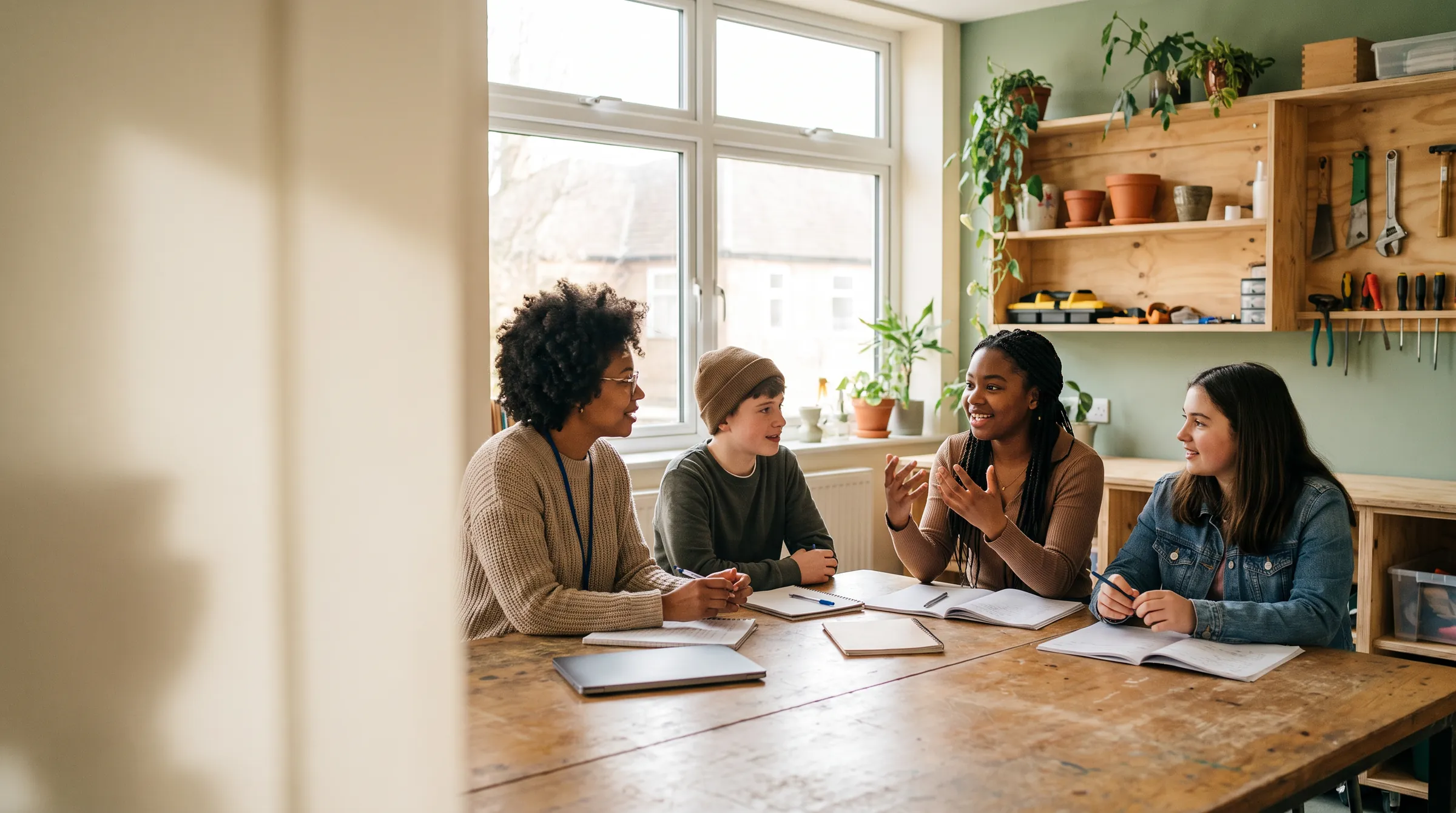 A mentor and three teenagers working together around a table