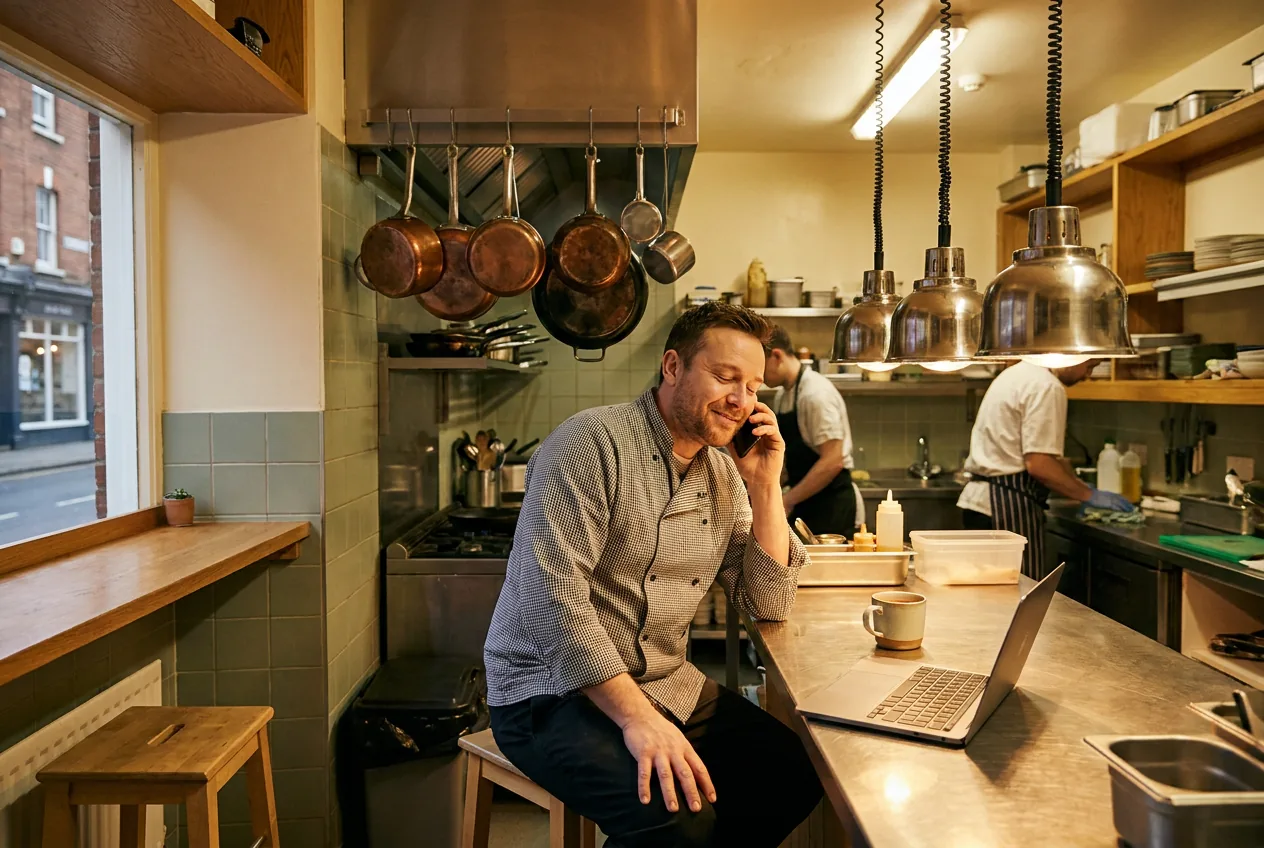 A restaurant owner in his kitchen after service, smiling on a phone call