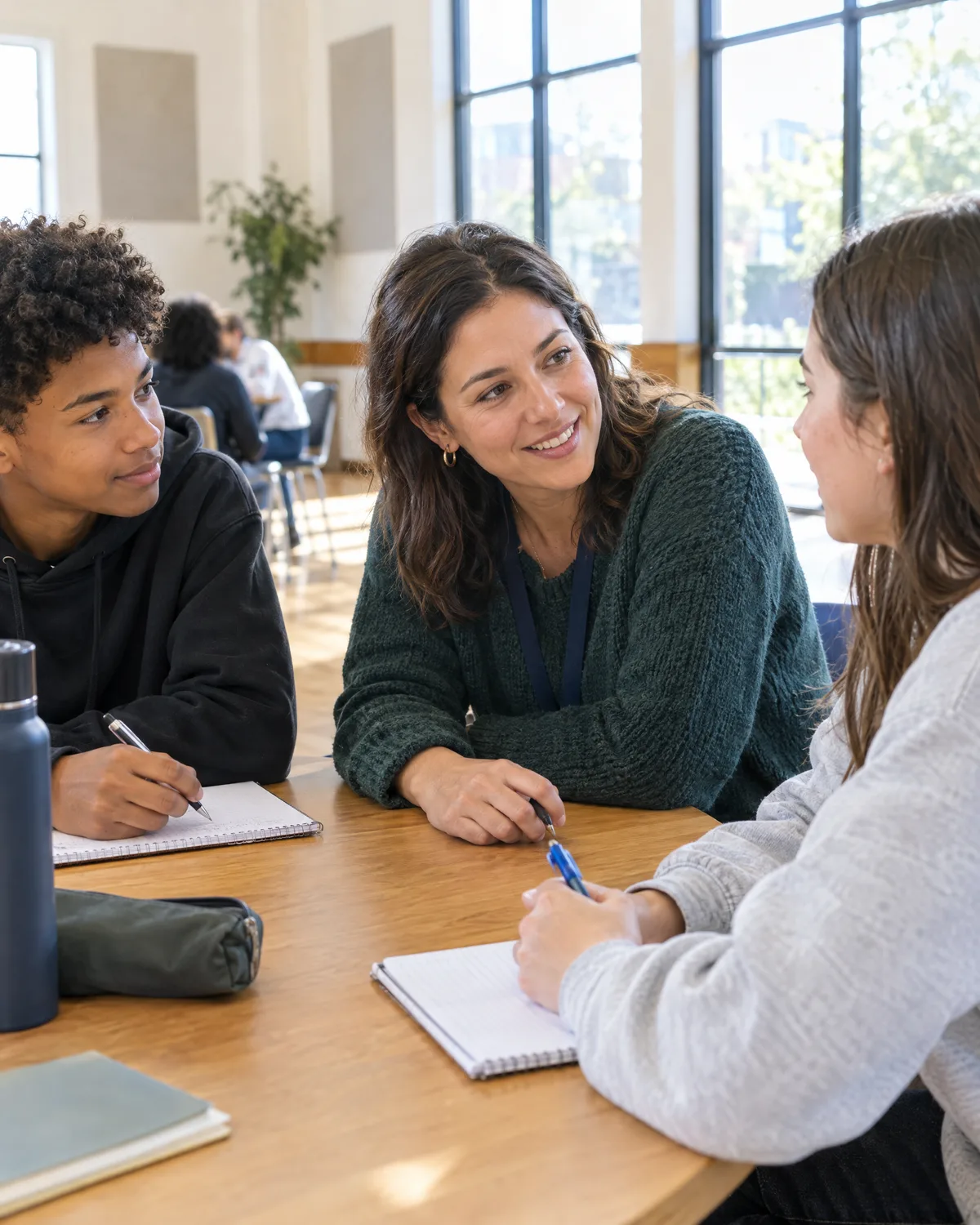 A mentor talking with young people around a table