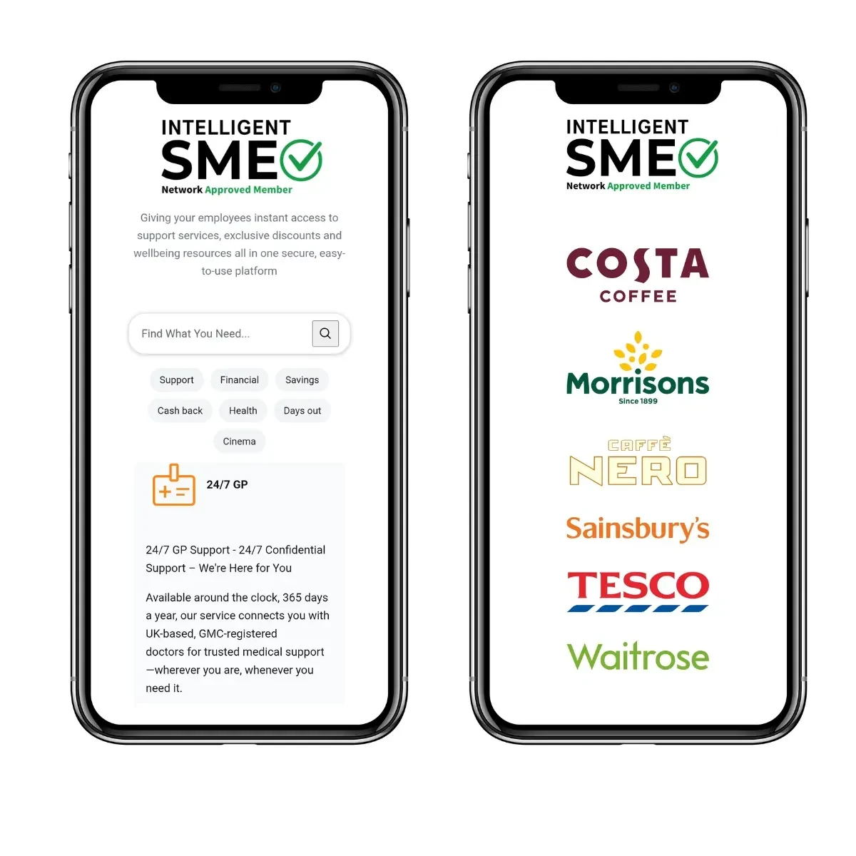 Two phones showing the member app: the benefits hub with the 24/7 GP, and retailer offers from Costa, Morrisons, Caffè Nero, Sainsbury's, Tesco and Waitrose