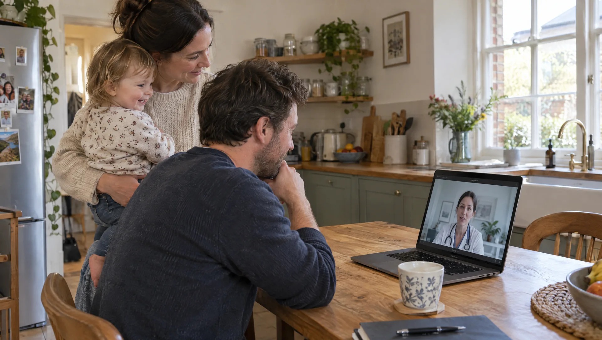 A family at their kitchen table on a video call with a GP