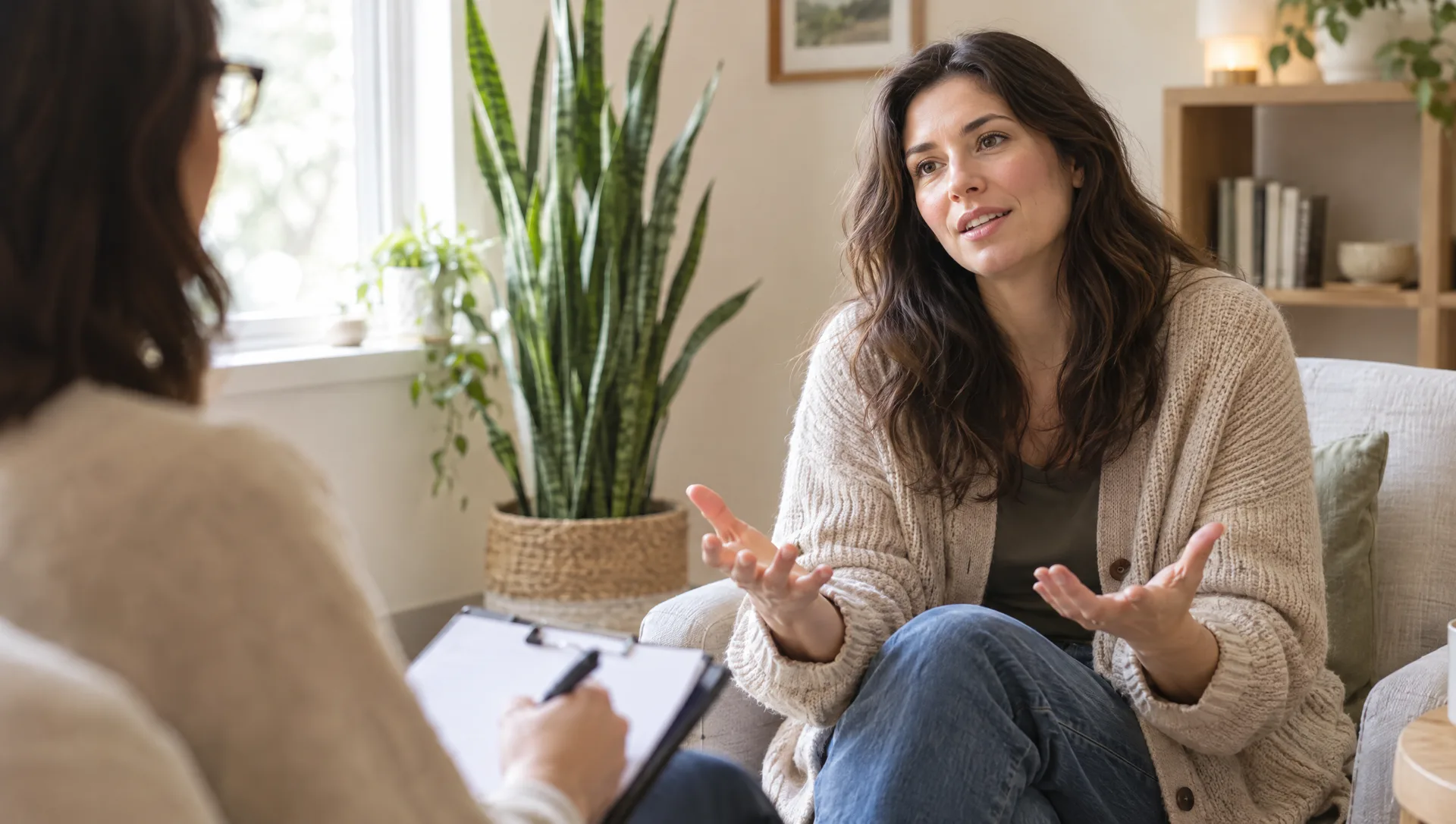 A woman talking with a counsellor in a calm room