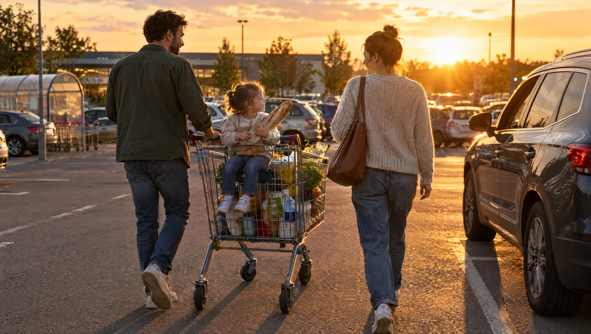 A family walking to their car with a trolley of shopping