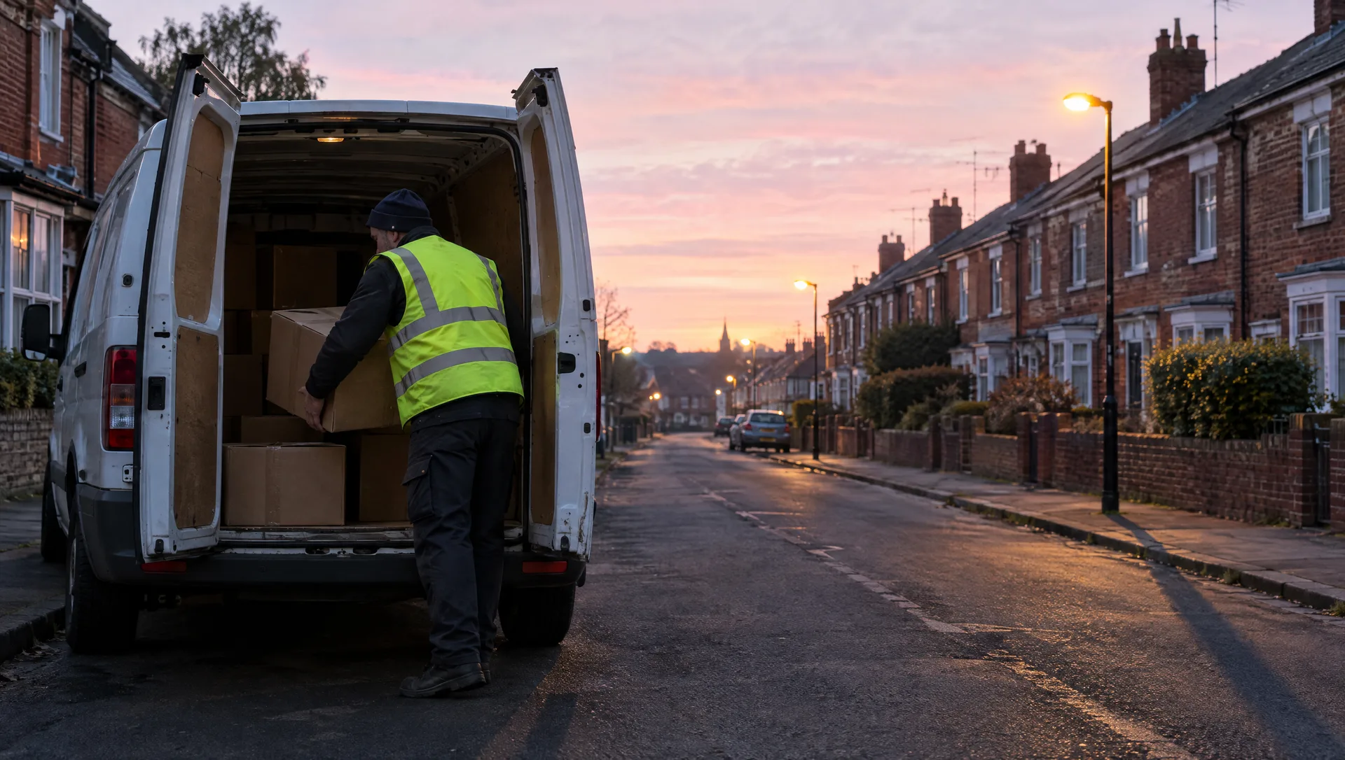 A tradesman unloading boxes from his van on a residential street