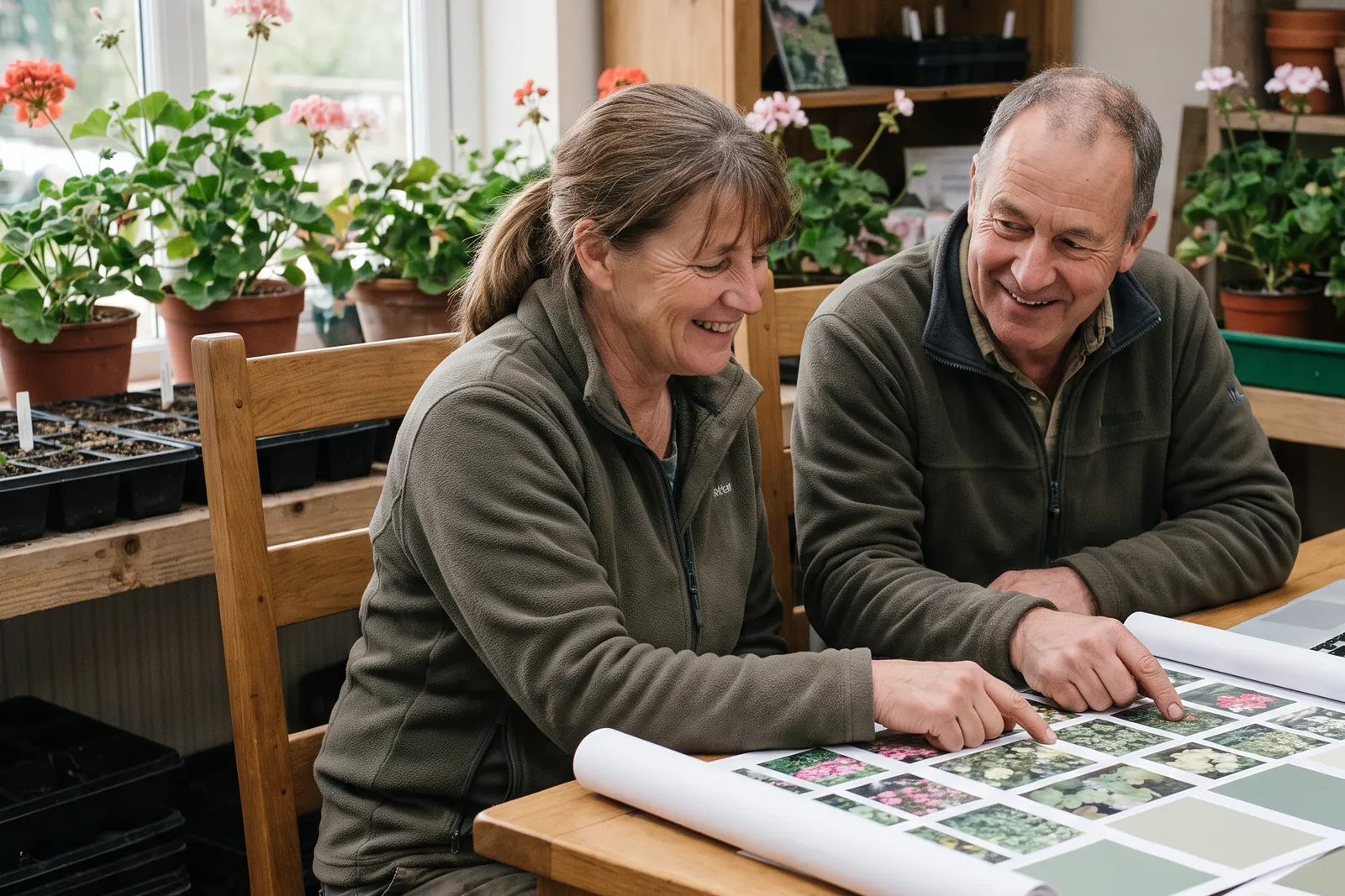 A couple who run a garden centre pointing at printed designs for their new website