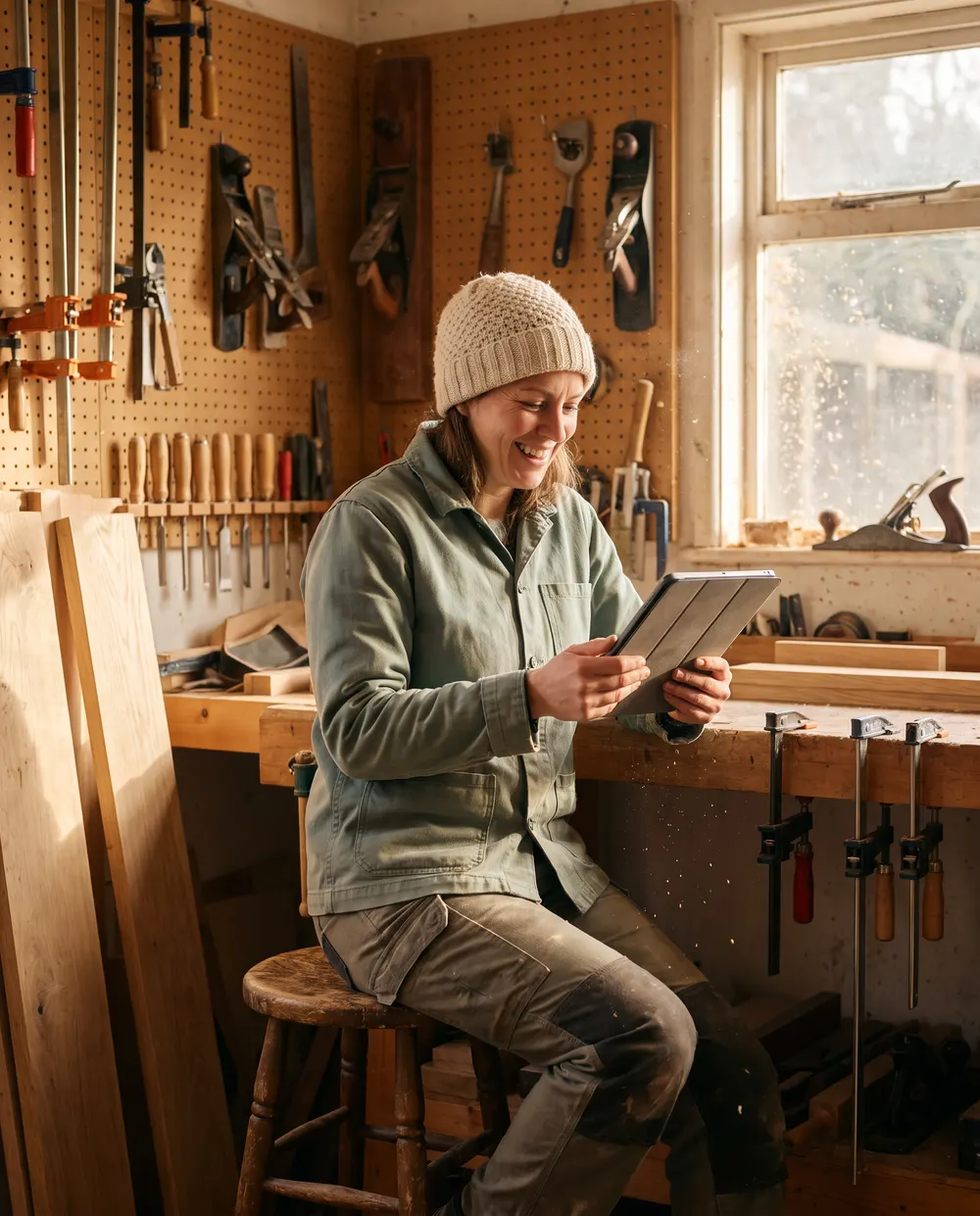 A joiner in her workshop smiling at a website design on her tablet